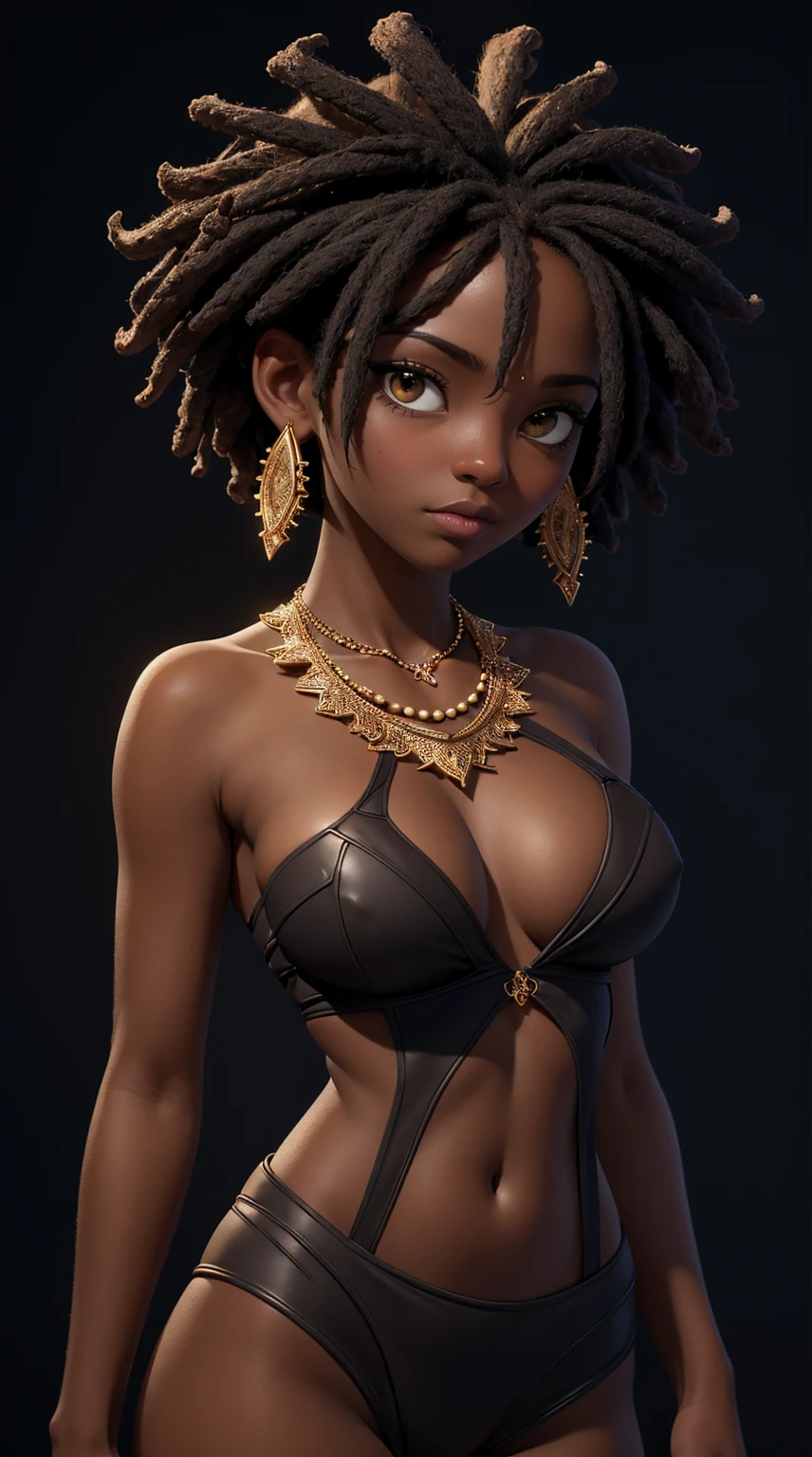 masterpiece,best quality,ultra high res,dark skinned African woman,(fractal art:1.3),deep shadow,dark theme,fully clothed,necklace,forlorn,very small breasts