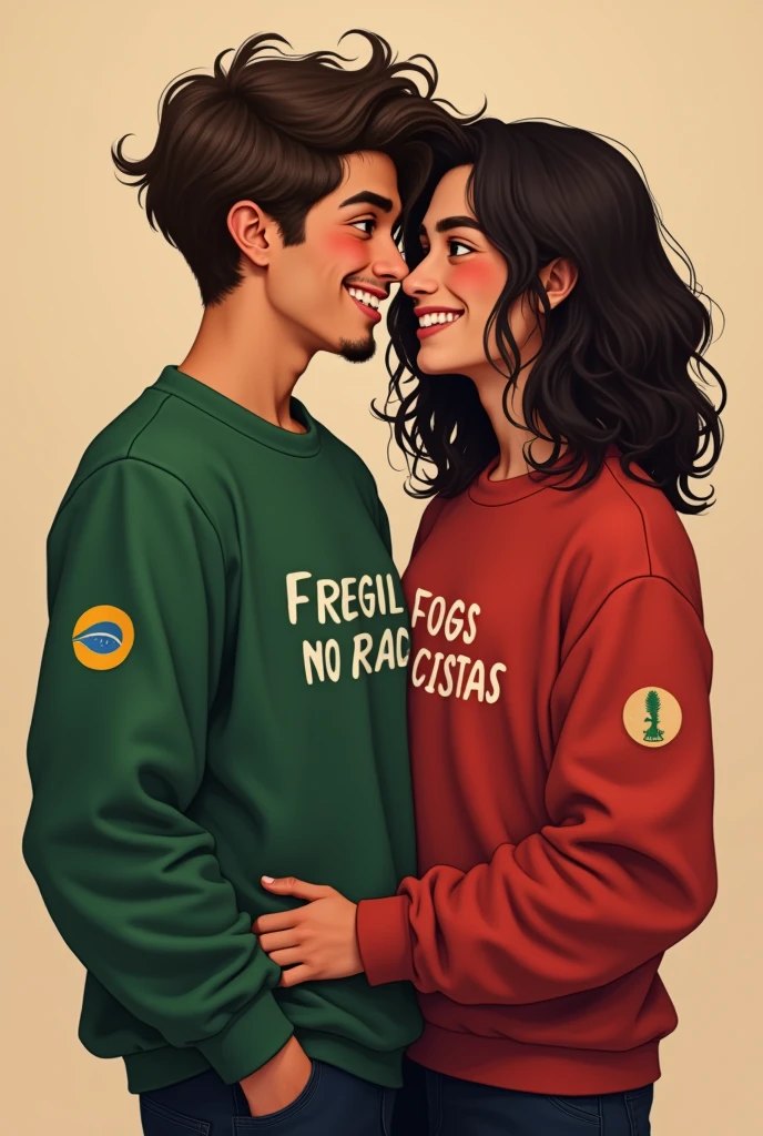 Teen gay couple, where one is a Latino teenage boy, straight medium hair, light eyes, well-defined jaw, soft goatee, athlete's body and charming smile. While the other is a Brazilian teenage boy, long defined curly hair, dark brown eyes, diastema on teeths, dancer's body, goatee and dazzling smile. One using a green moletom, other with a red one write "Fogo nos Racistas"