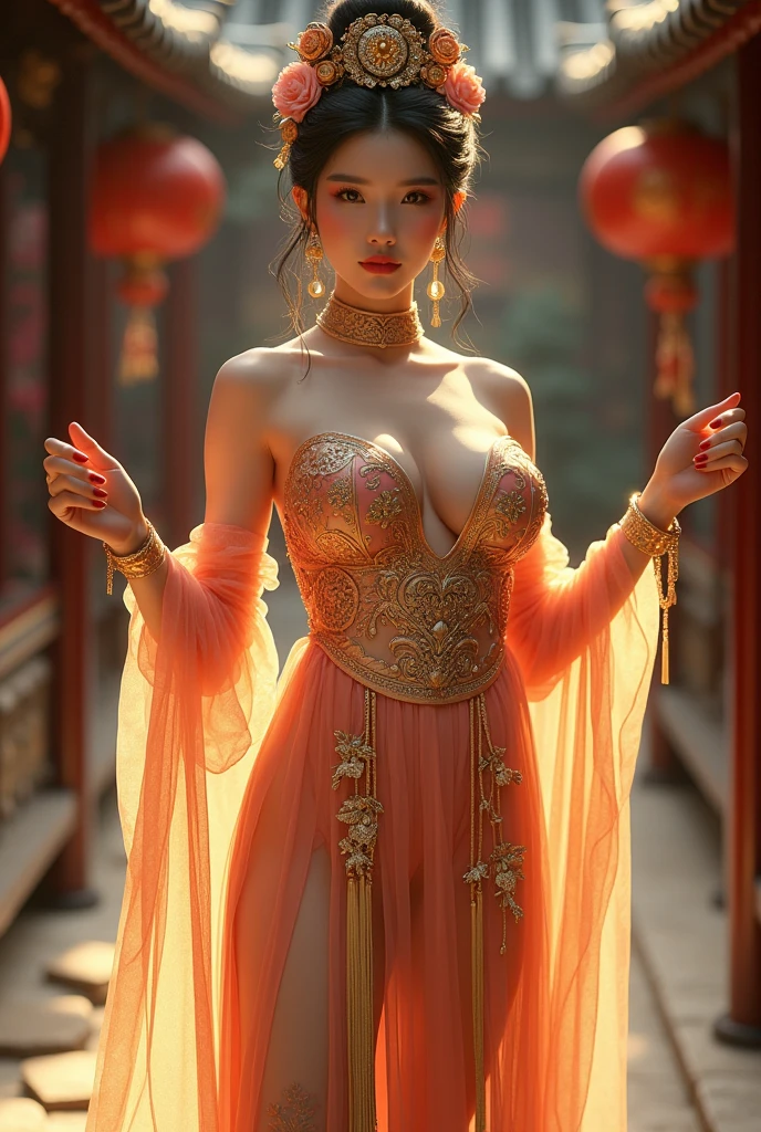 Chinese girl with coins gold , thick body, curvy body, curvy waist, big breast, white skin, gorgeous costumes embroidered with intricate embroidery, exposed breasts, flowing tulle, transparent long colorful ribbons tied on the arms, inspired by chinese movie, showing navel, bare shoulders, bare neck, hair in a high bun with flower hairpins, ribbons on arm rings, wreaths, bracelets, anklets, high heels, metal chain tassels on the waist, Mogao Grottoes art, ink painting, cgstation pop, in the night castle, ((fullbody)), ((super realistic)), gold, gold