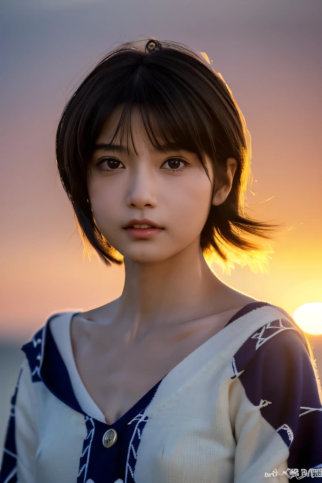 (Hyper Reality: 1.35), (Realistic: 1.4), A beautiful Japanese woman, smile, (((No makeup))), masterpiece, high quality, Very good, Puberty, Well-trained slim body, muscular, slim body, breasts apart, large breasts, ((Very delicate and beautiful)), Familiar, (((Very shallow depth of field))), (((Unbelievably absurd))), dark brown short hair, blowing boyish short bob hair, shag messy hair, wolf cut, big hair, Windで揺れる髪, Slim body type, (((small ))), Looks like a salon model, Cool face, Neutral facial features,(ecstasy:1.3) ,(slut:1.2),(vulgarity:1.3),(fucked silly:1.1),(steam:1.1),(Wet:0.8),(trembling:0.8),(tears:0.7) ,(drooling:0.6),(sweat:0.8),open mouth, {Particles of light}, Detailed Background, Soft lighting, (dramatic), sunset, very beautiful sunset, Realistic, (((11 years old))), (((Wind))), ((Movement)), ((emotion)), ((colorful)), ((Baby Face:1.2)), sea background, (((Cowboy Shot:1.2))),(((nsfw:1.2))), smallサイズのワンピース