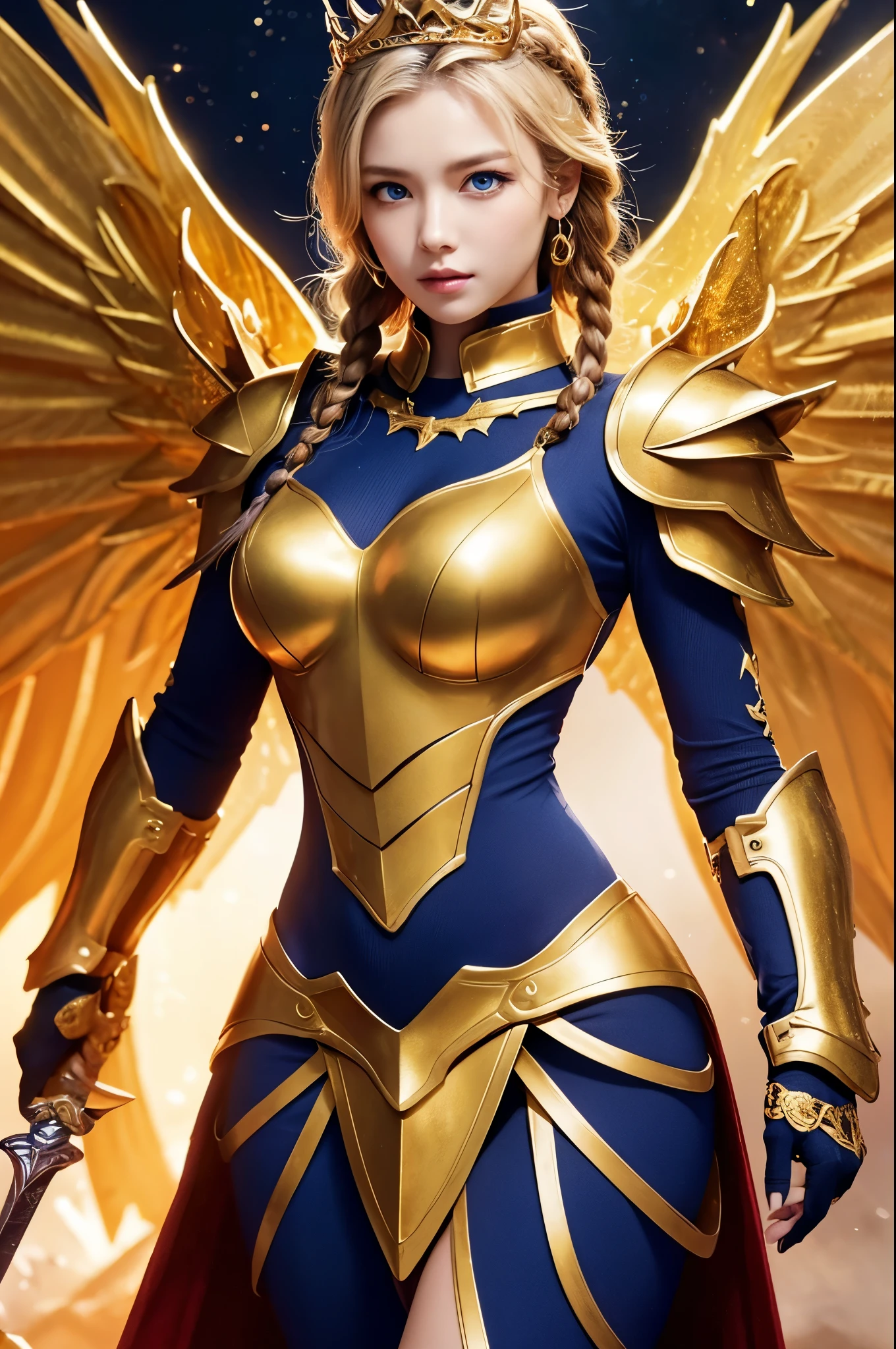Ultra HD、Ultra-clear、Beautiful Face、Covered entirely in golden armor、Holy warrior in golden armor、Mechanical Golden Wings、Golden Tiara、Golden armor covered in sculptures、Dragon-inspired armor、Heavy golden armor、blue eyes、Blonde、Braided Hair、Big Breasts、beautiful sword、Outer space background、