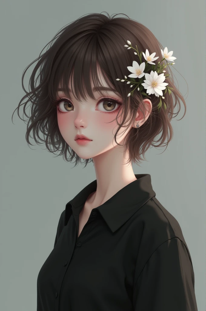A girl who has short brown hair and has white flowers on her head and a black polo shirt and a gray background