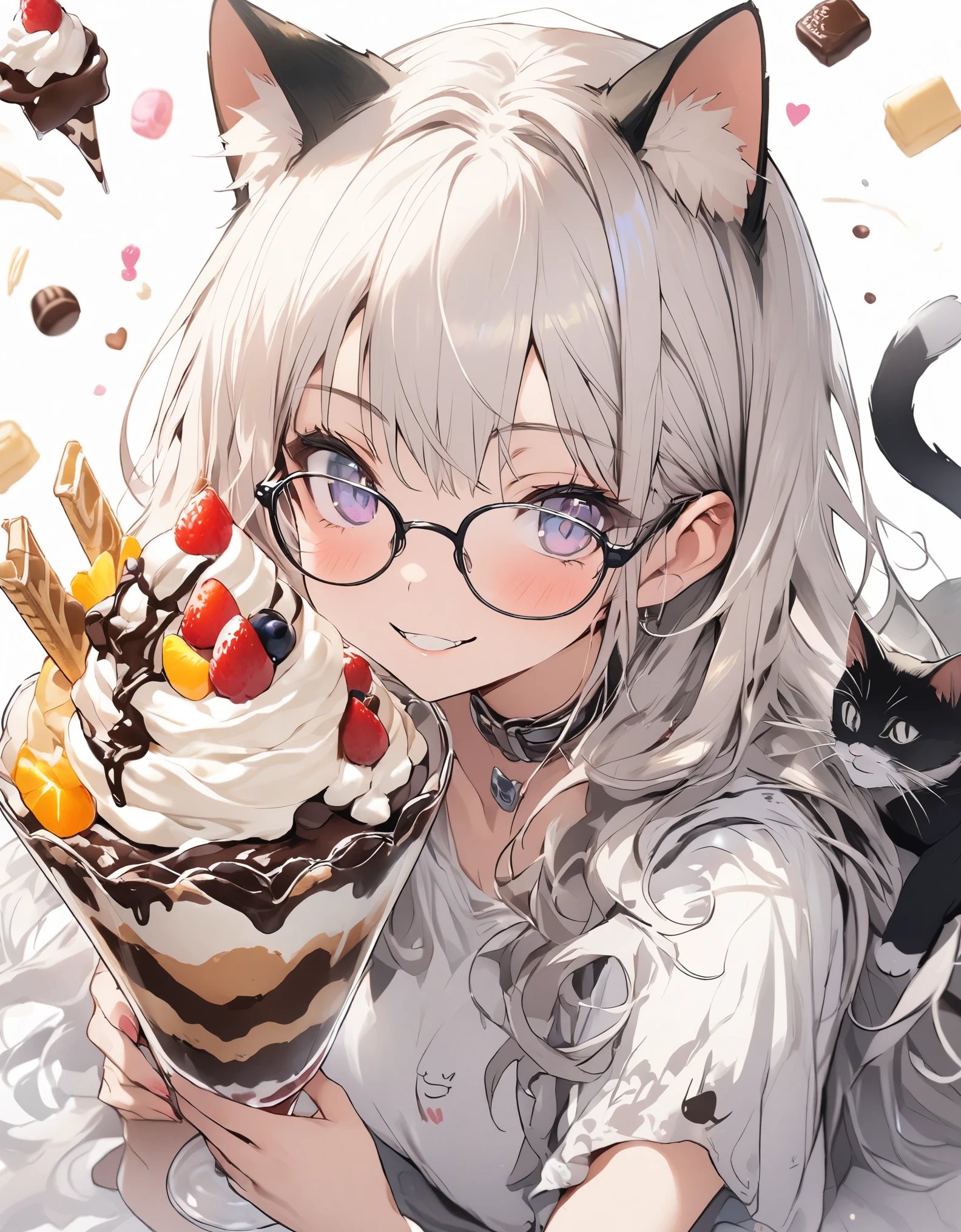 masterpiece、girl、White Hair、Long Hair、((Cat ear))、smile、wearing glasses,(((Big chocolate parfait)))、Focus on the face,sweets background
