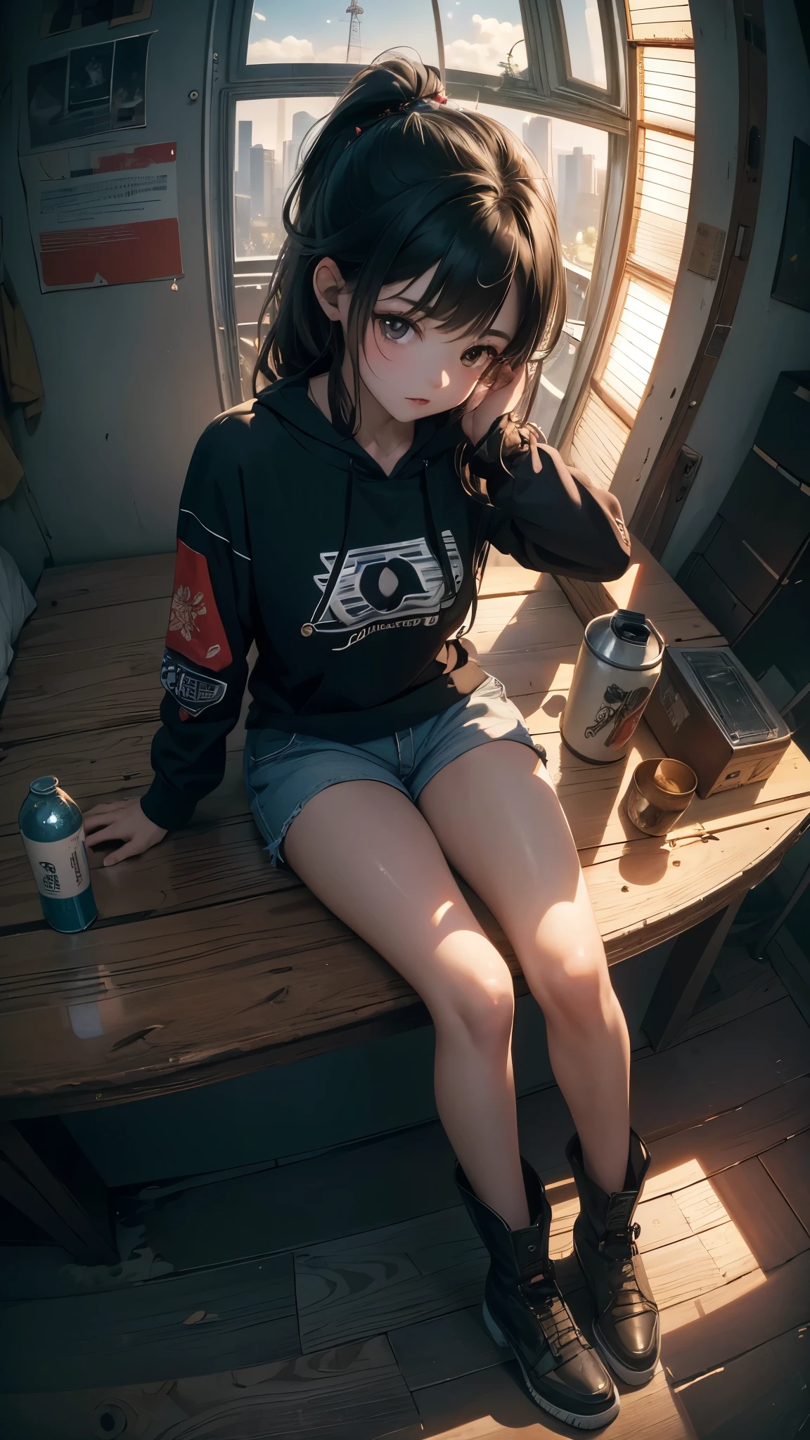 ((Highly detailed CG unit 8k wallpaper, masterpiece, High resolution, highest quality)), (Woman sitting on a rusty oil can, put one&#39;s hand in one&#39;s pocket:1.5, medium hair,  Komatsu, street fashion, hoodie, Wearing micro mini shorts:1.2, wearing boots:1.2), ((highly detailed face, highly detailed black eyes, detailed body, highest qualityのリアルテクスチャスキン)), (Inside a futuristic abandoned building), (Angle from above:1.3, Fisheye Shot:1.5), hyper realistic, digital paint,