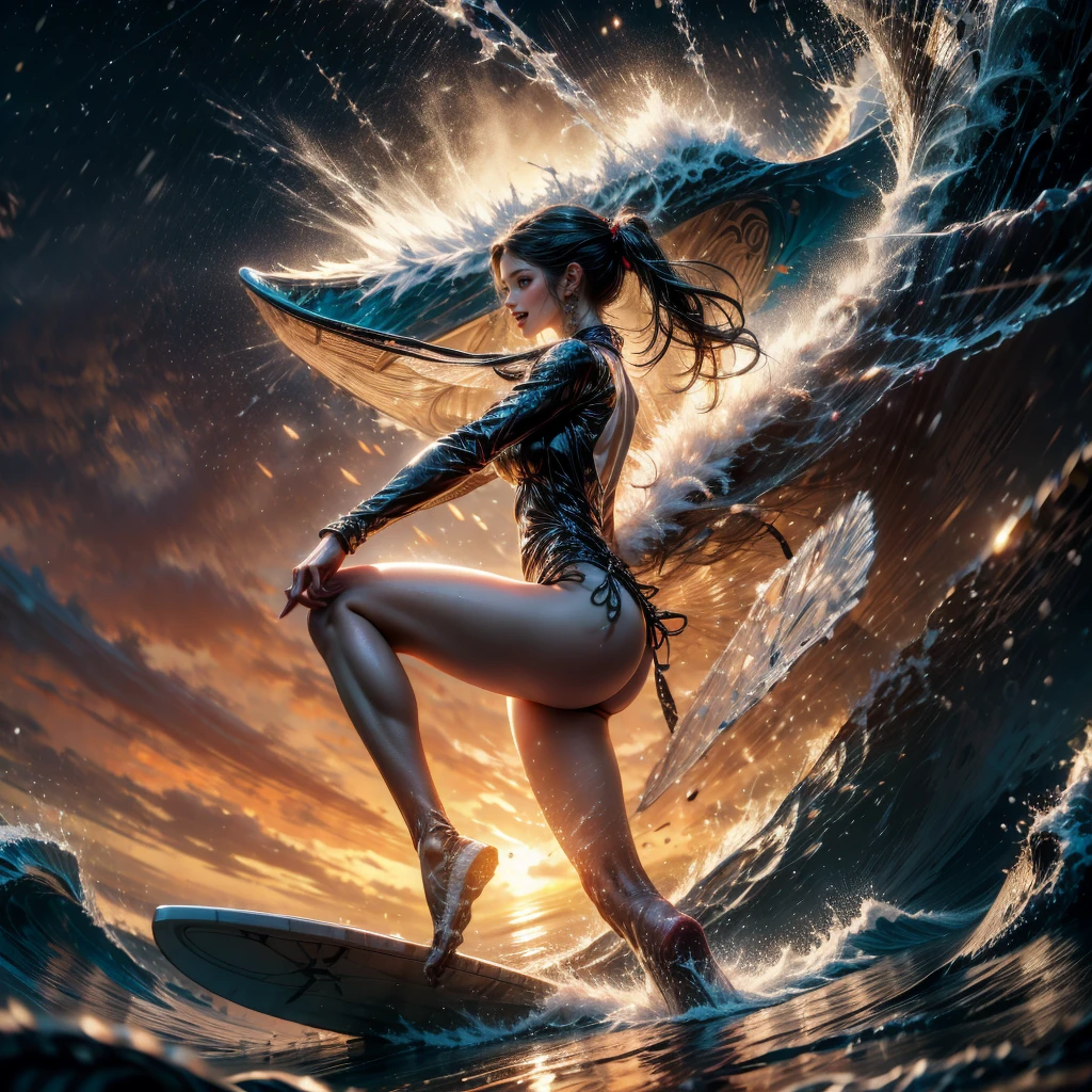 (Luminism:1.28), Side view、(TopQuality 8K Masterpiece:1.2) (ProfessionalPHOTO:1.37) Extremely Detailed (A girl standing on a surfboard riding a wave), (Colorful morning Glory Rays)、(Crouching and balancing on a Life Size surfboard:1.28), (There is Only one surfboard under her feet:1.32) Splashing water Particles Sparkling waves, Glowing Wet Hair、(Super hourglass body type)、Dynamic motion blur, Perfect Hand、(Surfing Photos:1.4) Extreme Sports Photography with action pose