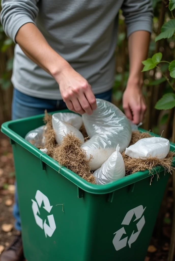 A person recycling and separating their trash