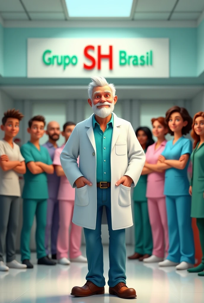 Create the image of a man of average height, medium body, 80 years old with a short white beard, friendly face and doctor's dress with light blue dress shirt and jeans underneath the lab coat. In the background of the image, a medical center with the name 'Grupo SH Brasil' should appear in green and red.. The man must be surrounded by 15 health and hygiene professionals with black and white skin tones.. The image must be in Disney or Pixar layout.