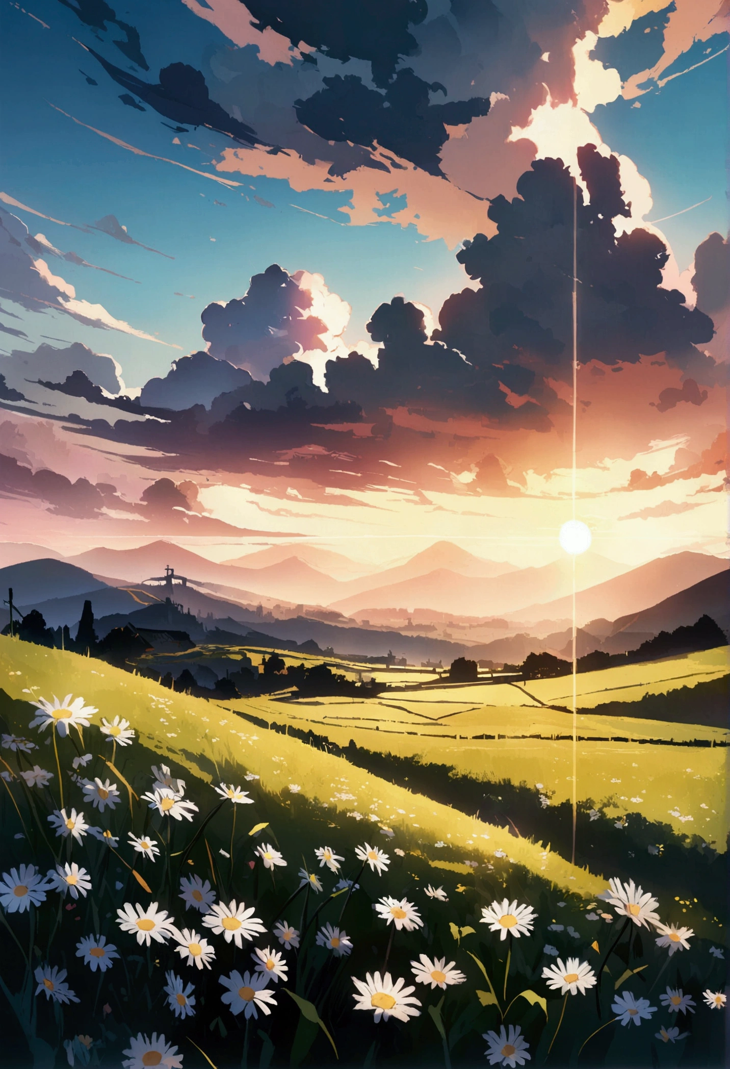 A anime landscape with daisy flowers in a field