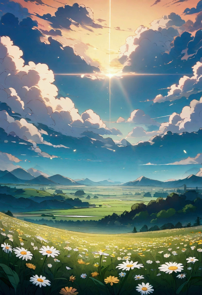 A anime landscape with daisy flowers in a field