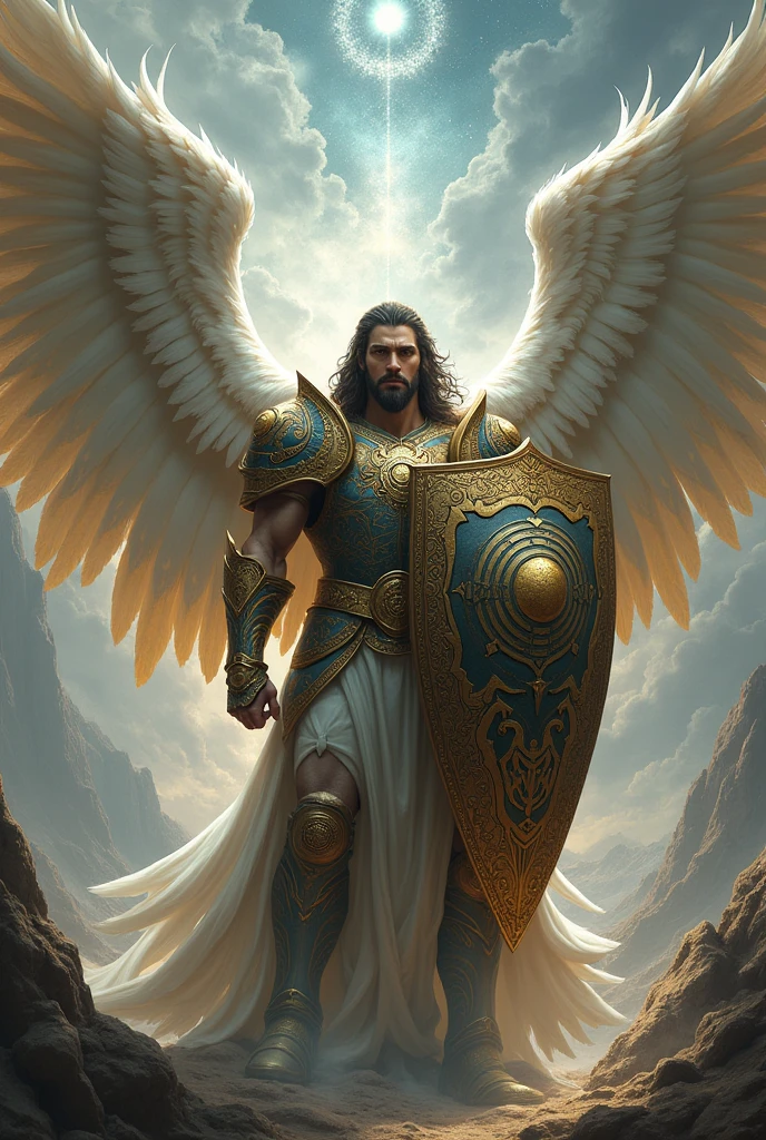 A warrior, with angel wings and a shield with the moon symbol