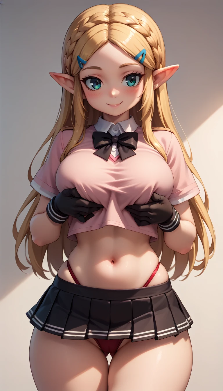 High resolution, Very detailed, perfect lighting, beautiful detailed eyes, ((masterpiece,Best Quality)), absurdities, alone, princess zelda, by the width, crown braid, Hair clip, pointy ears, Gloves without fingers, black gloves, smile, curves, nod, , deep neckline, deep neckline, pink school uniform with white details,short skirt, visible underwear, red thong, black uniform, pink shirt with black bow, touching her breasts in a sexy way, close up