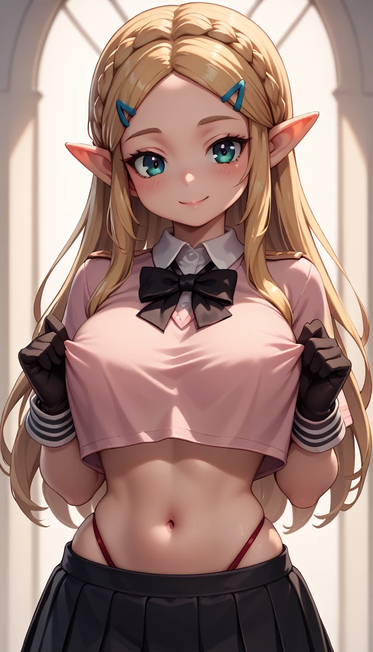 High resolution, Very detailed, perfect lighting, beautiful detailed eyes, ((masterpiece,Best Quality)), absurdities, alone, princess zelda, by the width, crown braid, Hair clip, pointy ears, Gloves without fingers, black gloves, smile, curves, nod, , deep neckline, deep neckline, pink school uniform with white details,short skirt, visible underwear, red thong, black uniform, pink shirt with black bow, touching her breasts in a sexy way, close up