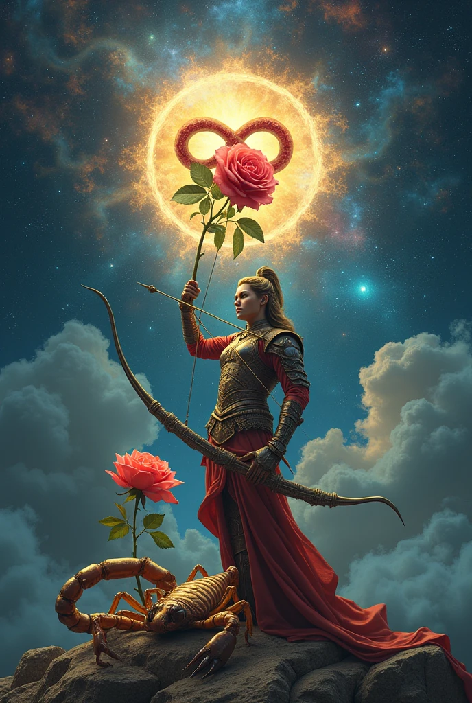 I need to create an image of the Sagittarius zodiac sign, the infinity symbol,a rose and a scorpion.
