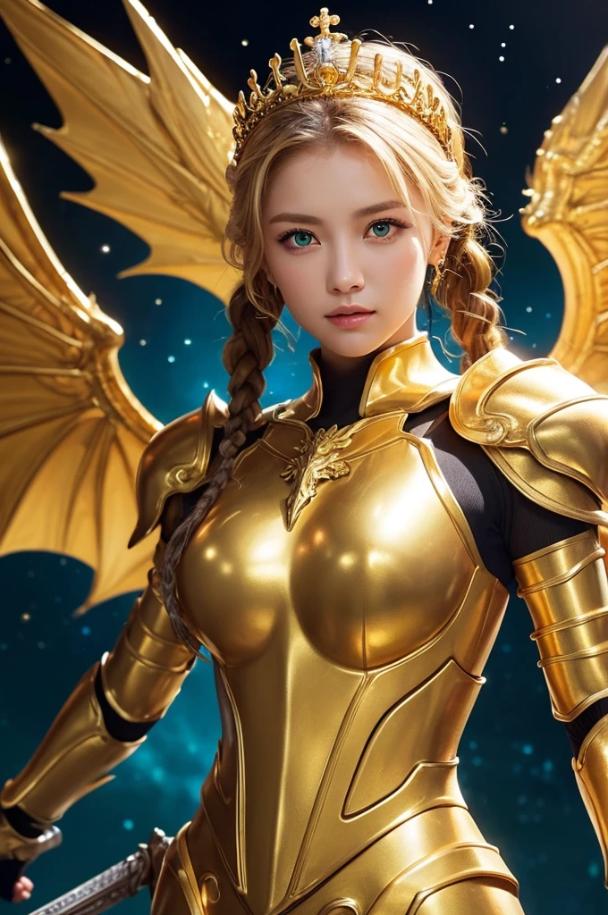 Ultra HD、Ultra-clear、Beautiful Face、Covered entirely in golden armor、Holy warrior in golden armor、Mechanical Golden Wings、Golden Tiara、Golden armor covered in sculptures、Dragon-inspired armor、Heavy golden armor、Green Eyes、Blonde、Braided Hair、Big Breasts、beautiful sword、Outer space background、