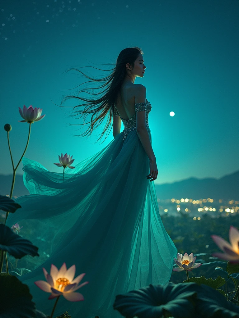 An ethereal portrait capturing the enigmatic beauty of a young Vietnamese woman in a flowing teal áo dài, its fabric resembling rippling water with silver sequin embellishments, her hair long and unbound, cascading down her back like a waterfall, a mysterious smile playing on her lips as she floats amidst a surreal landscape of giant lotuses and shimmering rice paddies beneath a star-filled night sky, taken with a Hasselblad camera and a wide-angle lens using long exposure at f/11, the low angle and panoramic aspect ratio emphasizing the vastness of the dreamscape and her ethereal presence, the rule of thirds and leading lines drawing the eye to her enigmatic form, the glowing lotuses in the foreground and the distant mountains in the background adding depth and mystique, the scene illuminated by the soft moonlight and bioluminescent plants, with a touch of gaussian blur and added grain to enhance the dreamlike quality.