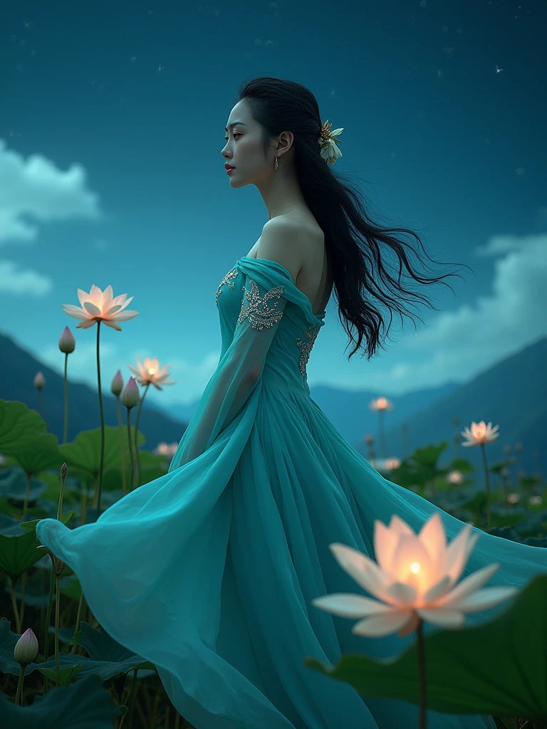 An ethereal portrait capturing the enigmatic beauty of a young Vietnamese woman in a flowing teal áo dài, its fabric resembling rippling water with silver sequin embellishments, her hair long and unbound, cascading down her back like a waterfall, a mysterious smile playing on her lips as she floats amidst a surreal landscape of giant lotuses and shimmering rice paddies beneath a star-filled night sky, taken with a Hasselblad camera and a wide-angle lens using long exposure at f/11, the low angle and panoramic aspect ratio emphasizing the vastness of the dreamscape and her ethereal presence, the rule of thirds and leading lines drawing the eye to her enigmatic form, the glowing lotuses in the foreground and the distant mountains in the background adding depth and mystique, the scene illuminated by the soft moonlight and bioluminescent plants, with a touch of gaussian blur and added grain to enhance the dreamlike quality.
