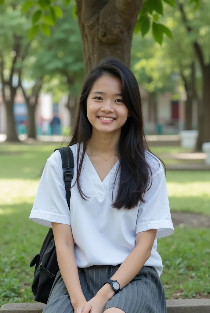 image of an Indonesian female high school student, 8k very detailed full body, sweet smile, wearing a high school uniform, white and gray, sitting under a banyan tree in the school yard