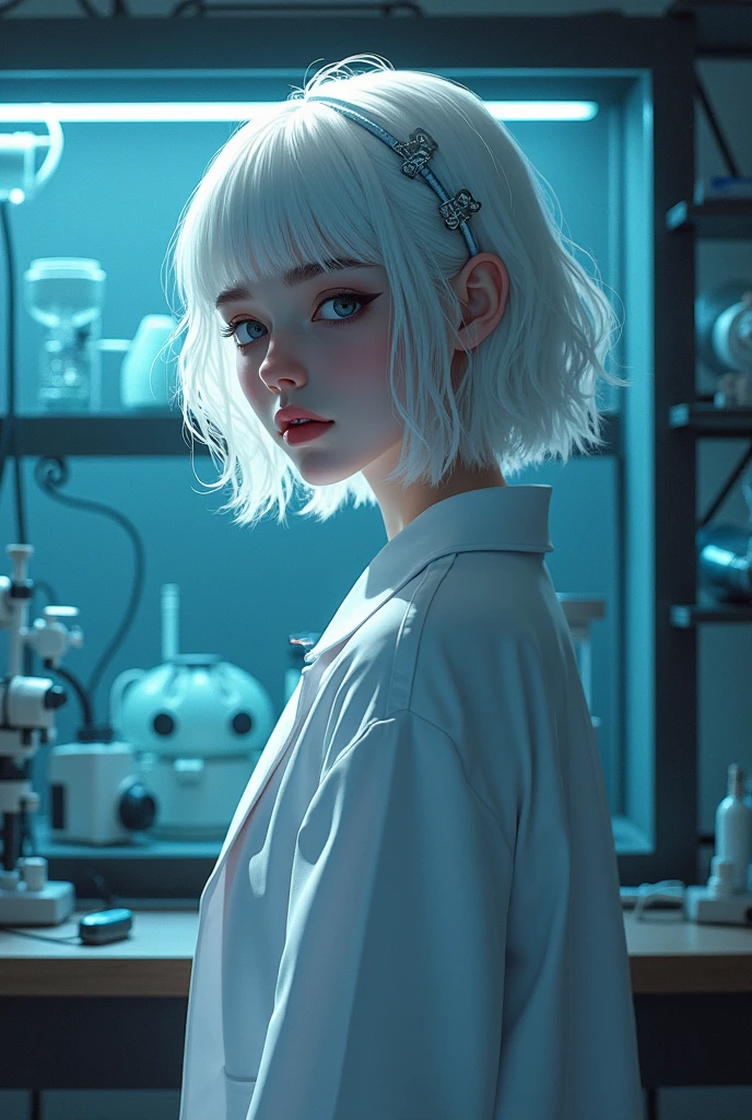 Futuristic artwork。Manga style,Gothic gloomy,Fantasy illustration by Atey Ghailan,A young twenty-year-old female,She has white hair,A mysterious and unique feeling。She was wearing a white lab coat.,Surrounded by advanced biological laboratory equipment and instruments,Side view,Cinematic light,Slight backlight。8k ultra high definition,webp 3:4