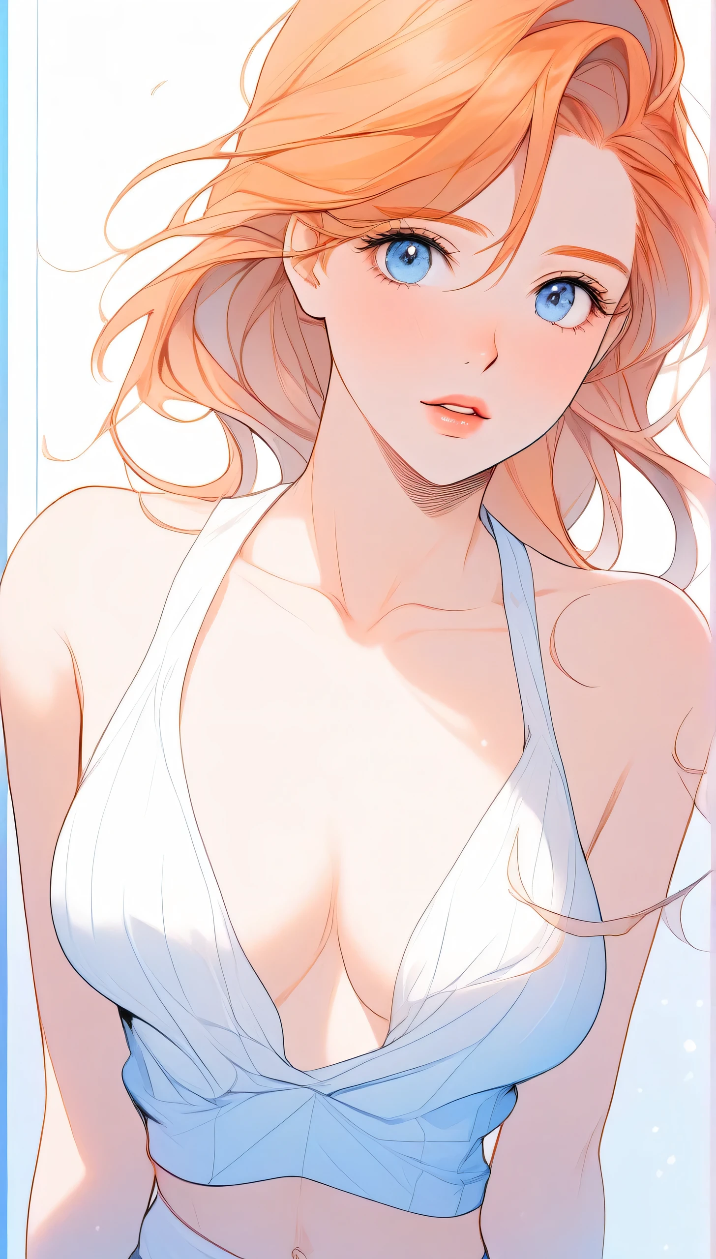 A beautiful detailed anime girl, realistic sketch, 1girl, detailed eyes, detailed lips, beautiful flowing blue gradient background, ginger hair, textured crop top, Canadian, (masterpiece, best quality, 8k, high resolution, ultra-detailed, photorealistic, physically-based rendering)