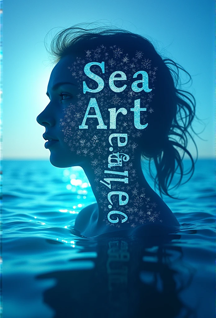 masterpiece, A silhouette of a young and beautiful face shining transparently on the surface of the vast blue sea, Typography, In the center "SeaArt Challenge" Large text, looking at the camera,