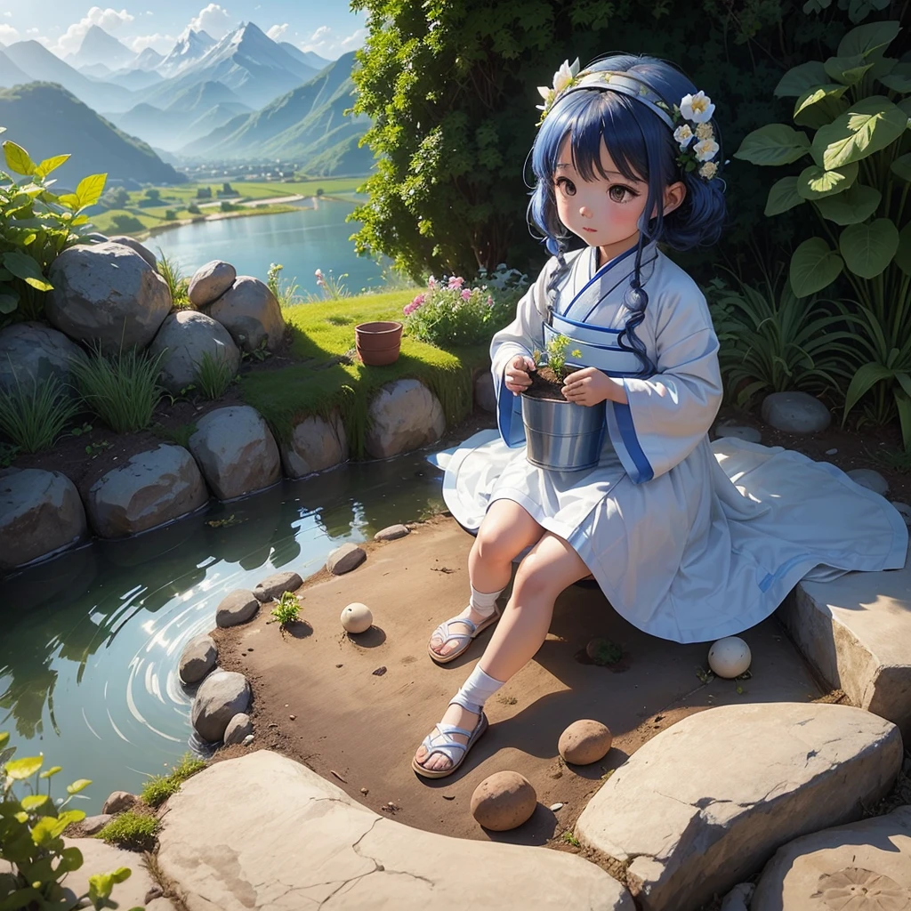 A cute baby chibi anime girl , blue and white hanfu, is planting vegetables in a garden, surrounded by various vegetables. Behind the scene are mountains, a river flows by. The sunlight hits her face. The sun is rising. A bucket of water is placed beside her.