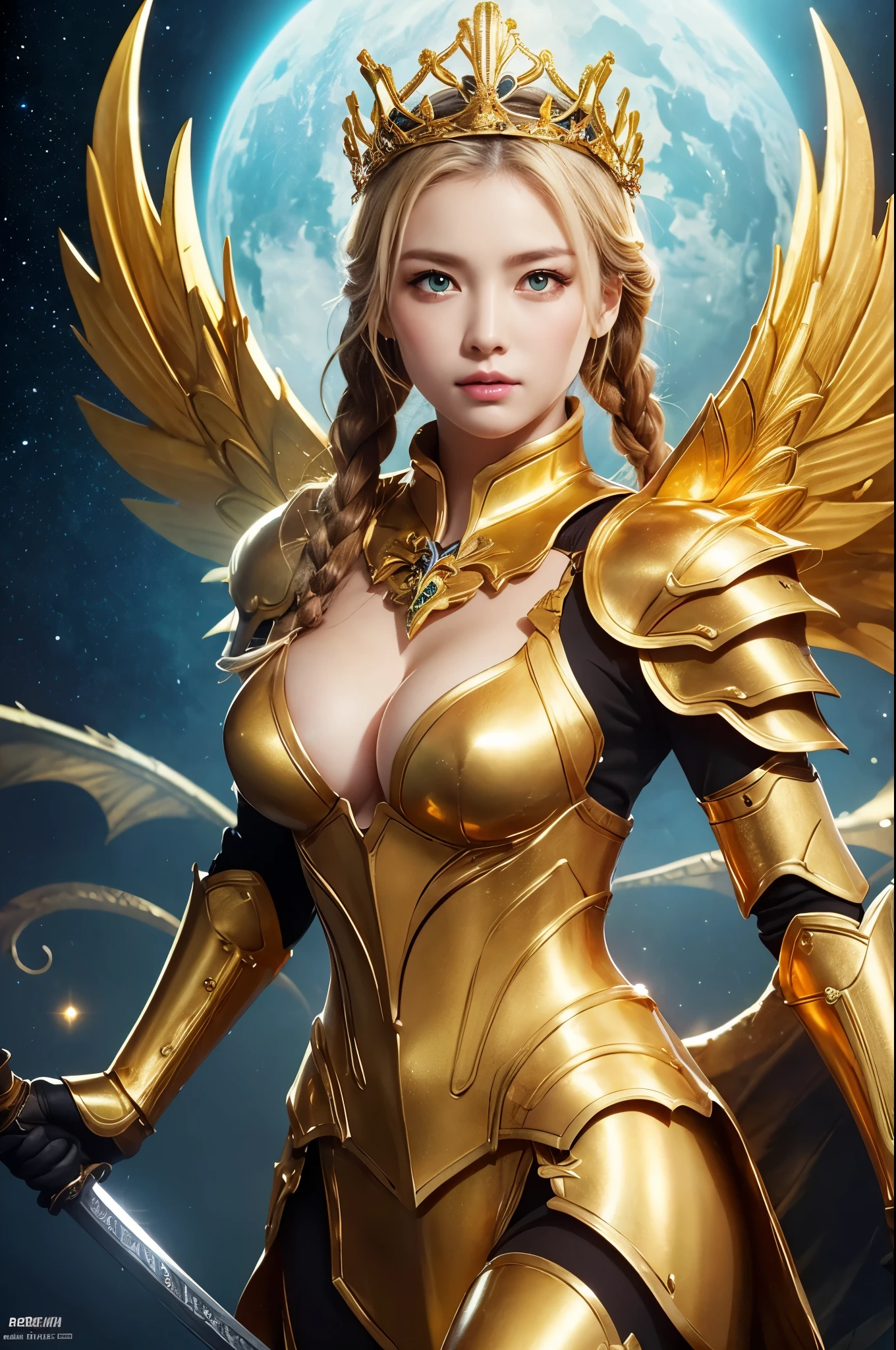 Ultra HD、Ultra-clear、Beautiful Face、Covered entirely in golden armor、Holy warrior in golden armor、Mechanical Golden Wings、Golden Tiara、Golden armor covered in sculptures、Dragon-inspired armor、Heavy golden armor、Green Eyes、Blonde、Braided Hair、Big Breasts、beautiful sword、Outer space background、