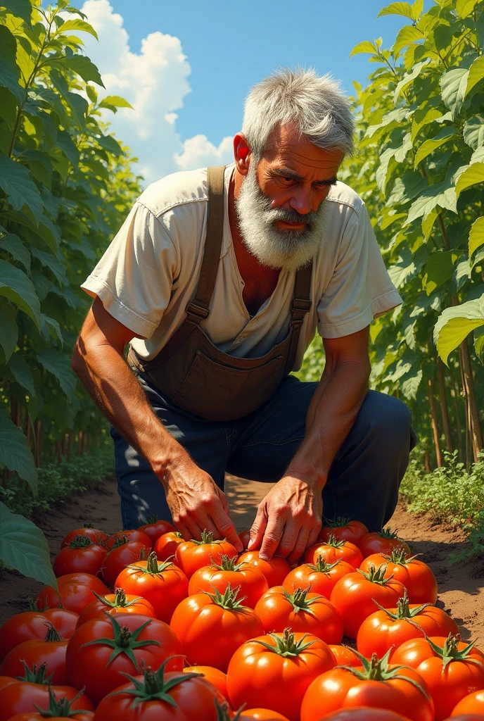In a lush, sun-drenched field, a weathered farmer with a bushy white beard, donning a faded T-shirt and worn black pants, carefully tends to rows of vibrant, plump tomatoes. This exquisite scene is captured in a richly detailed painting, highlighting the farmer's weather-beaten hands and the sun-kissed glow of the ripe produce. The vivid hues and textures in this masterful artwork breathe life into the humble yet picturesque setting, evoking a sense of serenity and rustic charm.
