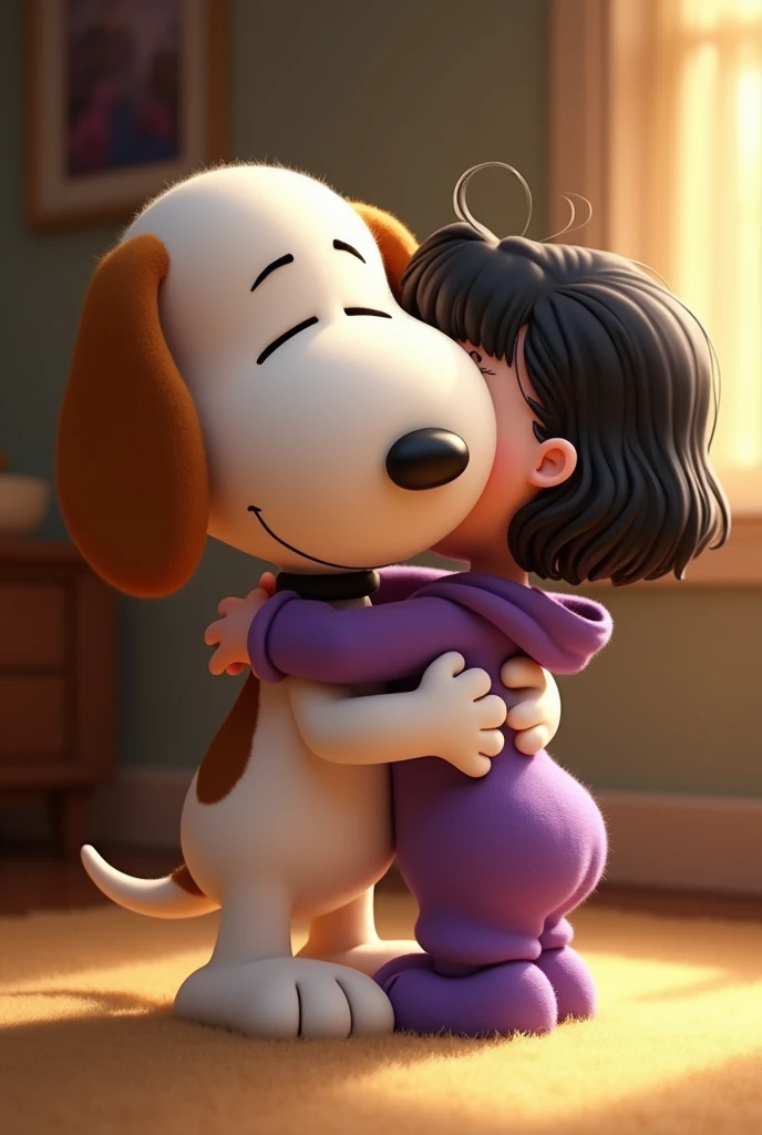 Snoopy with a  hugging him, a is a baby with short black hair and blue eyes wearing a purple jumpsuit