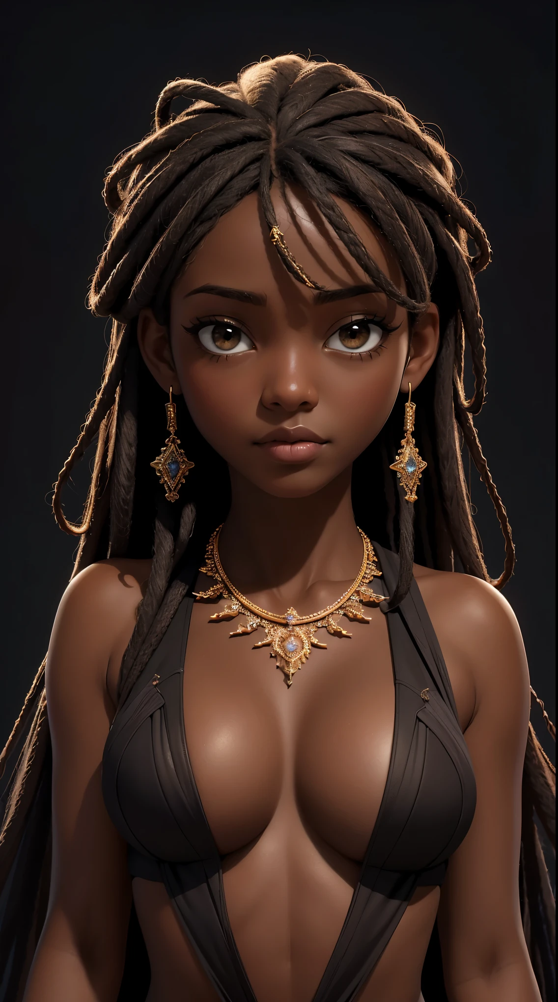 masterpiece,best quality,ultra high res,dark skinned African woman,(fractal art:1.3),deep shadow,dark theme,fully clothed,necklace,forlorn,very small breasts