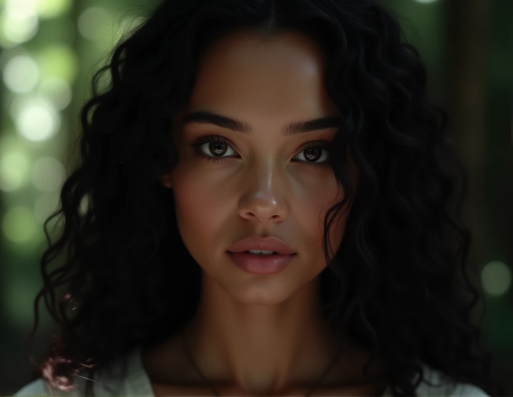 close up of a woman with dark skin, brown eyes and curly hair looking blankly at the camera, ((long  curly hair)), shiny black hair, brunette woman with slightly light skin, mystical environment, dynamic light, Dynamic shadows, Professional Photography, best qualityer, ultra detaild,(ultra realisitic),(Ultra Detailed),(best qualityer),(ultra detaild),(blurred environment :1.5),(deep environment)