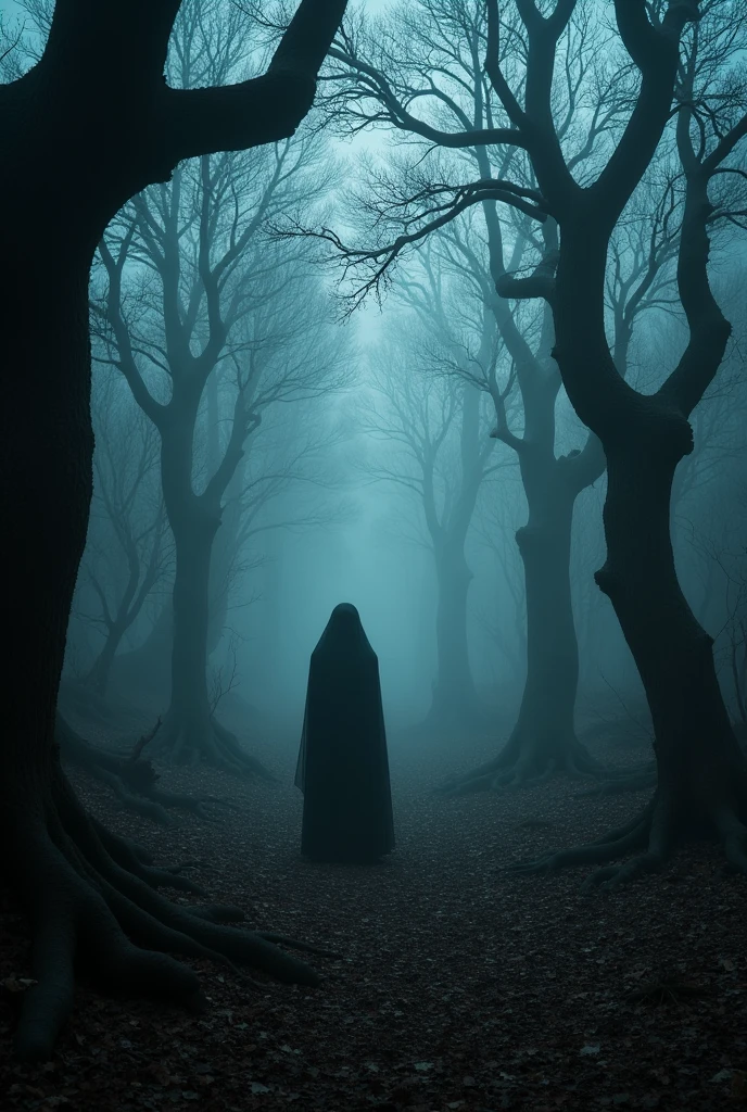 Forest Where the Dead Dance:

dark environment: Twisted and ancient trees Mystical atmosphere: Dense fog and dim lights Terrain: Ground covered in dry leaves and broken branches Ghostly presence: Vague silhouettes and sinister shadows