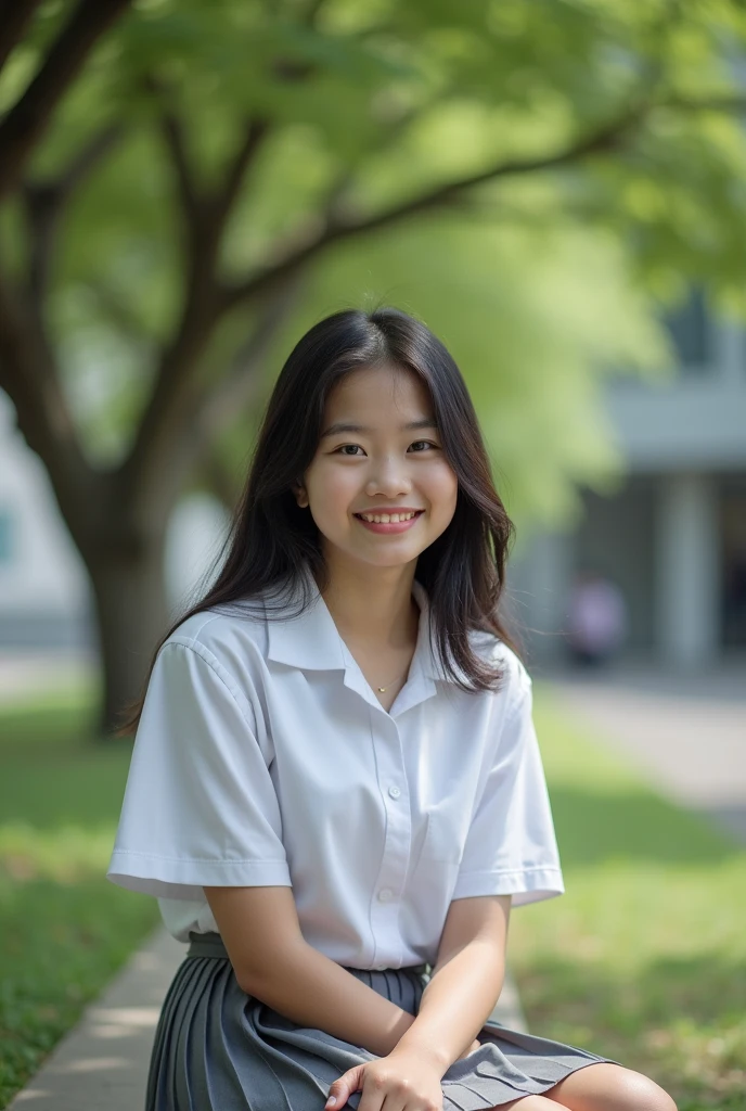 image of an Indonesian female high school student, 8k very detailed full body, sweet smile, wearing a high school uniform, white and gray, sitting under a banyan tree in the school yard