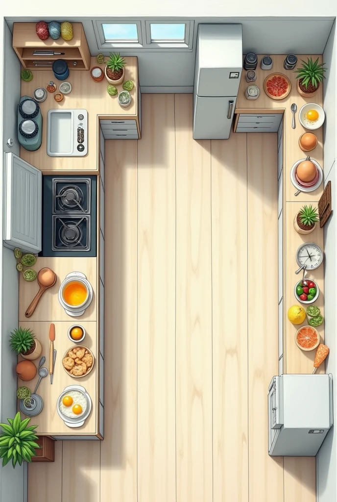 design a kitchen layout that optimizes the use of tools for efficient egg preparation