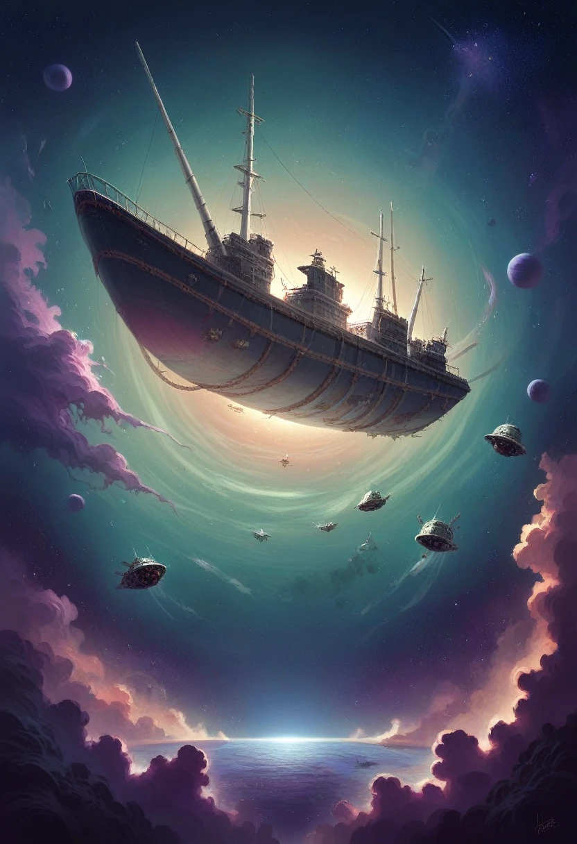 A titanic spaceship, flying through space, In the middle of this a creature of cosmic horror,  multi-legged sharp-toothed, Curved, clinging to the ship, ripped the outside of the ship, is outside the ship, in space many bodies, Soldiers and scientists floating in the dark, deep emptiness of space 