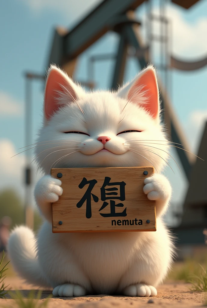 cat holds a sign that Japanese text "ねむたい" and pumpjin