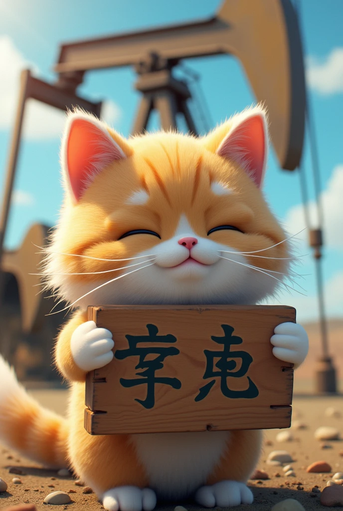 cat holds a sign that Japanese text "ねむたい" and pumpjin