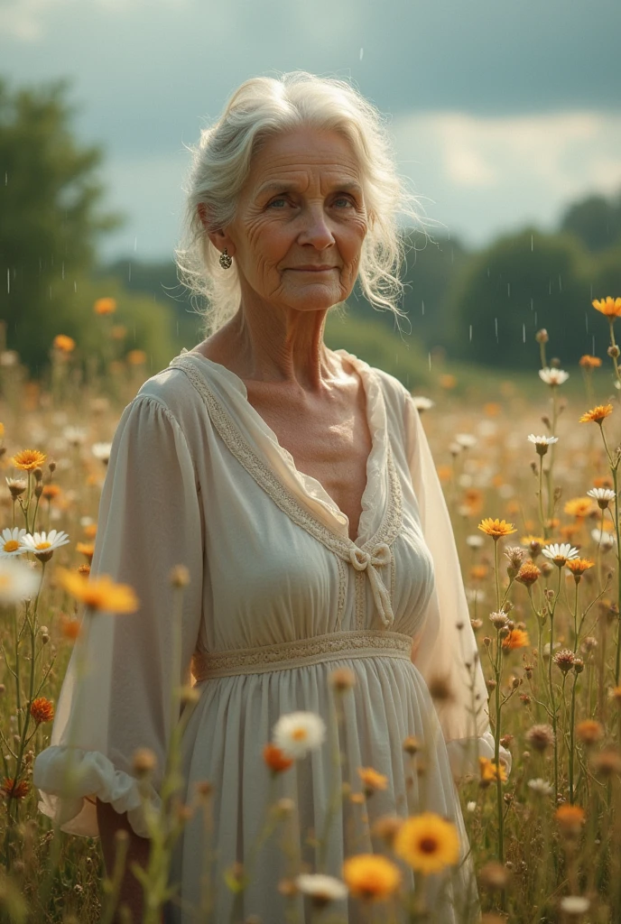 in full growth,A old woman stands in a flower field in the rain., a goddess in a field of flowers, , middle-aged blonde, light translucent dress, facing the camera, old woman in front in a flower field, Beautiful Ultra HD 4K art, , in a field of flowers, woman in flowers, highly detailed 4k digital art,65 years old,wrinkled body and face,illustrated in a book,