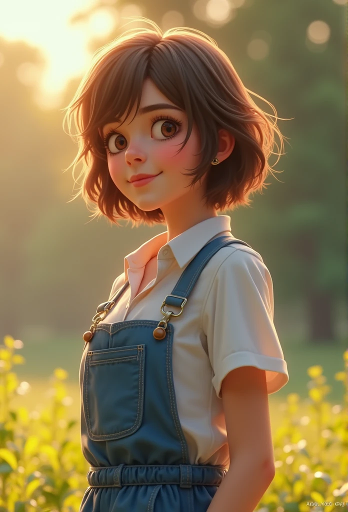 (8k, extremely high quality, master part: 1.2), ultra detalhe, extremely high quality, Ultra high resolution, professional lighting, photon maping, radiosidade, rendering physically based, Cinematic lighting, profundidade de campo, Foco, raios solares, good composition, (Bokeh: 1.2), 1 girl, (corpo inteiro), sorrir, Olhos bonitos, Posar, constriction, brown hair, short hair, blusa da pradaria azul claro, saia,parque,hand {Dedos} kawaii {dedo} hand,