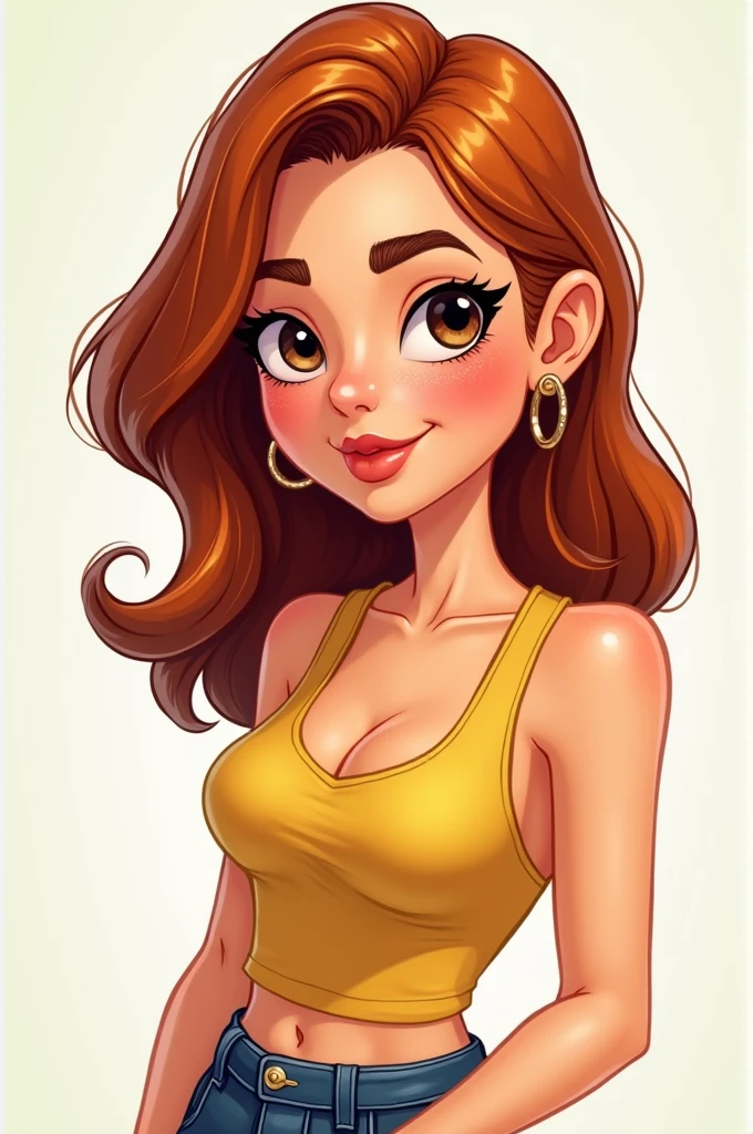 Cartoon image of a 29-year-old Venezuelan girl, white skin color and brown eyes, shoulder length copper colored hair, Her hair is between straight and wavy, She is thin and weighs 50kg, stomach 1,50 cm, Her nose is small and she has very subtle freckles., Her lips are thin and have a marked cupid's bow, and her breasts are small