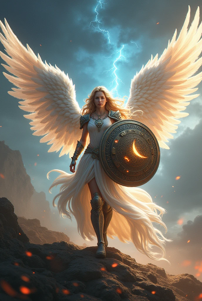 A female warrior, with angel wings and a half-moon shield