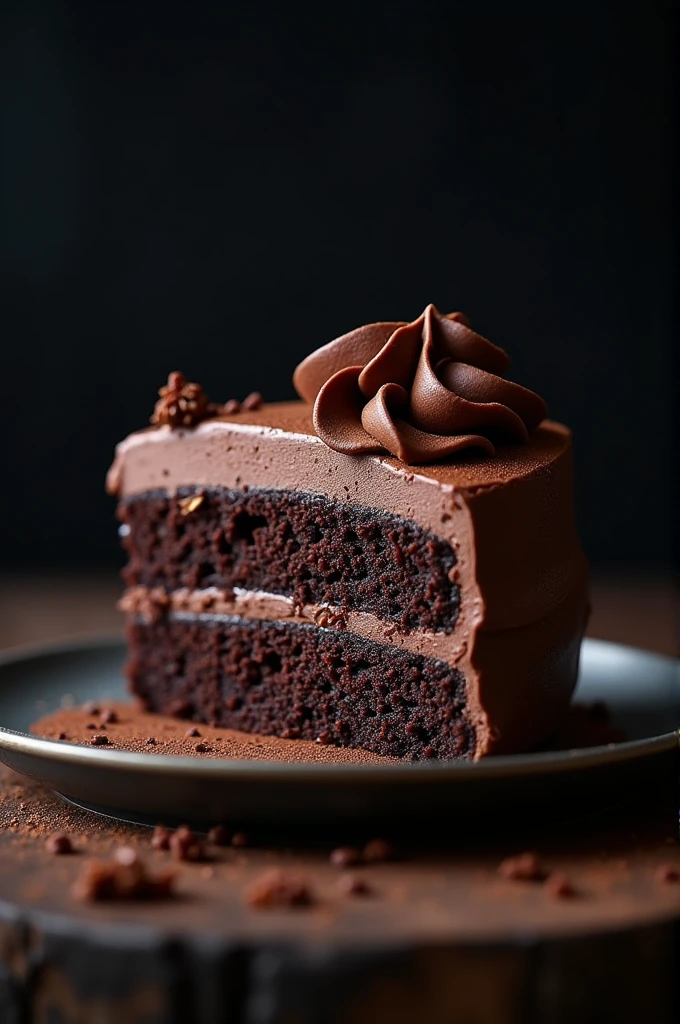 cinematic film still chocolate, chocolate cake, dark background, quality photo, moist texture, frosting, studio photo, slice . shallow depth of field, vignette, highly detailed, high budget, bokeh, cinemascope, moody, epic, gorgeous, film grain, grainy