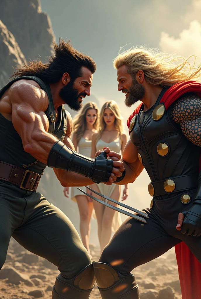 Make a picture of a strong guy who looks like Wolverine and another picture where a guy who looks like Thor appears and they are fighting and behind them put 3 very beautiful women., 2 weras and a pearl one