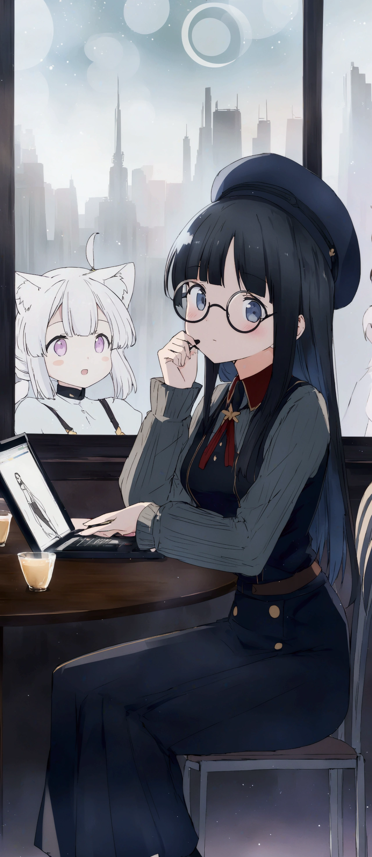 from girls frontline, fine details. girls frontline universe, girls frontline style, girls frontline cg, yayoi kasuma, kantai collection style, by Akihiko Yoshida, yayoi kasuma, female protagonist 👀 :8, (anime girl with black hair and round circle glasses:1.2), with a pencil and a berret hat on her head, (holding a drawing tablet:1.1), anime girl sitting at a table with a tablet computer in her hand, mysterious coffee shop girl, digital anime illustration, anime moe artstyle, in an anime style, anime visual of a cute girl, artwork in the style of guweiz, anime girl with cat ears, in anime style, soft anime illustration, ; visual novel, girls frontline style