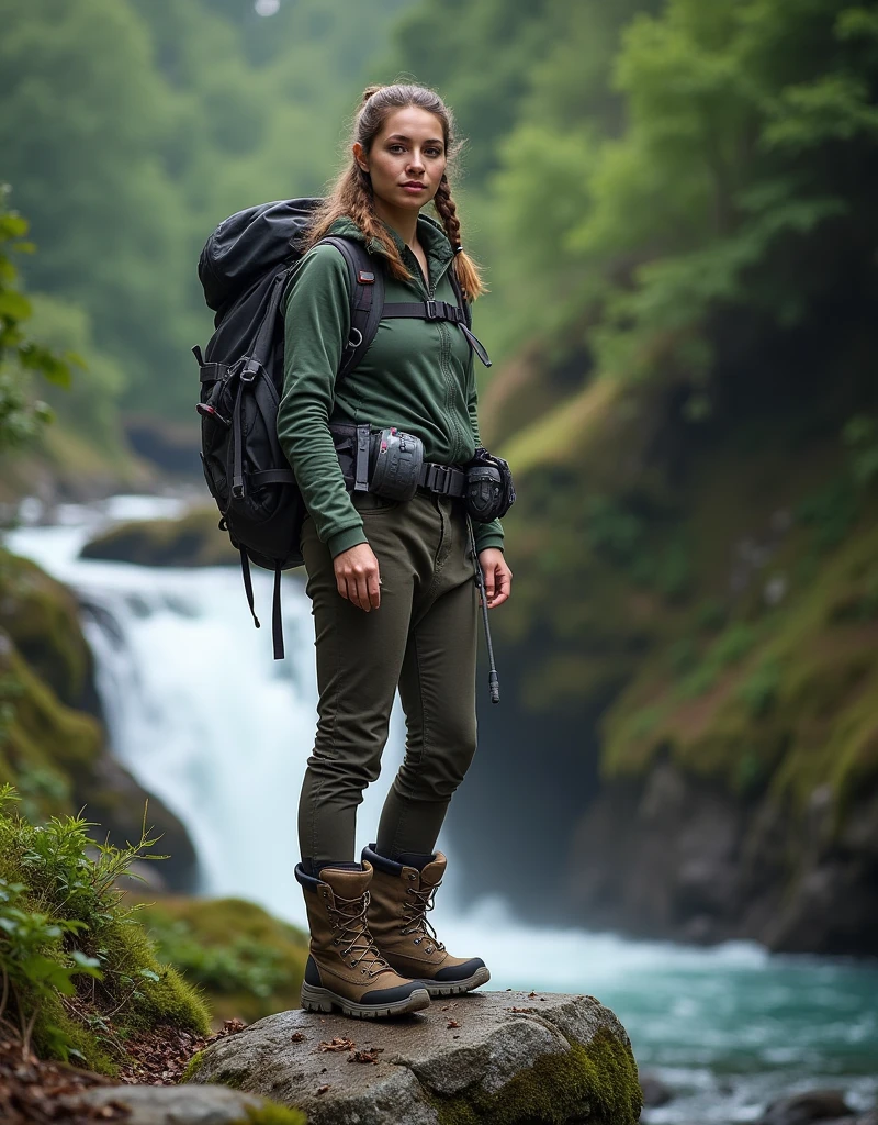 there is a woman [Elizabeth II:Maude Adams:0.35] standing on a rock in the woods, hiking clothes, wearing adventuring gear, girl walking in a canyon, adventuring gear, outdoor fine photography, standing near a waterfall, wearing adventure gear, amidst nature, an young urban explorer woman, environmental portrait, she is walking on a river, looking majestic in forest, portrait of an adventurer