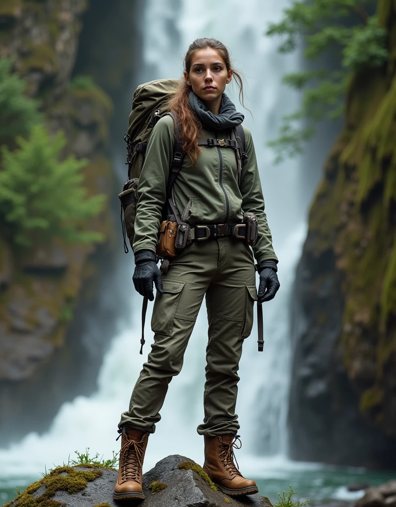there is a woman [Elizabeth II:Maude Adams:0.35] standing on a rock in the woods, hiking clothes, wearing adventuring gear, girl walking in a canyon, adventuring gear, outdoor fine photography, standing near a waterfall, wearing adventure gear, amidst nature, an young urban explorer woman, environmental portrait, she is walking on a river, looking majestic in forest, portrait of an adventurer