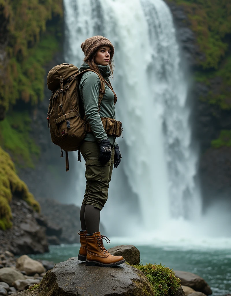 there is a woman [Elizabeth II:Maude Adams:0.35] standing on a rock in the woods, hiking clothes, wearing adventuring gear, girl walking in a canyon, adventuring gear, outdoor fine photography, standing near a waterfall, wearing adventure gear, amidst nature, an young urban explorer woman, environmental portrait, she is walking on a river, looking majestic in forest, portrait of an adventurer