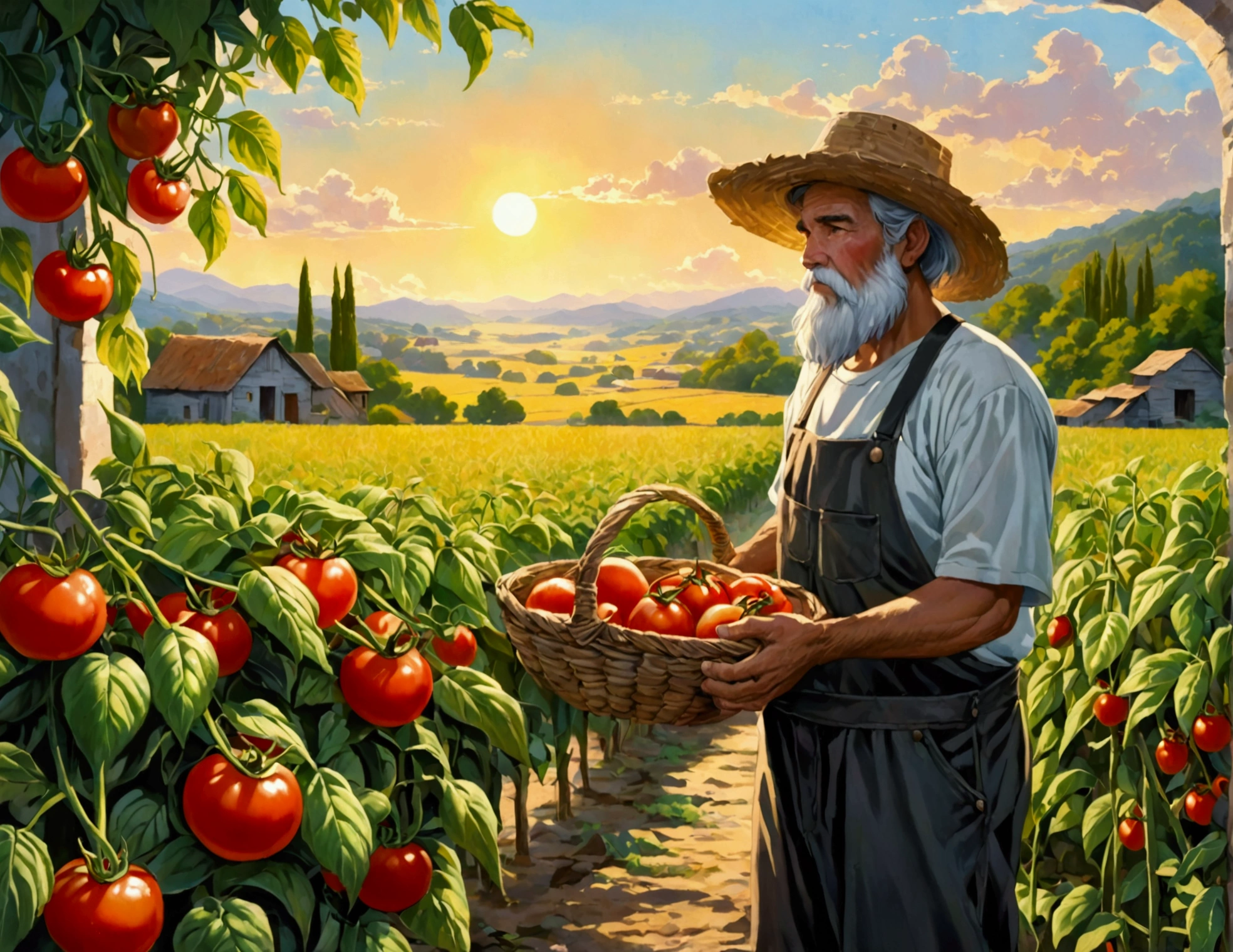 In a lush, sun-drenched field, a weathered farmer with a bushy white beard, donning a faded T-shirt and worn black pants, carefully tends to rows of vibrant, plump tomatoes. This exquisite scene is captured in a richly detailed painting, highlighting the farmer's weather-beaten hands and the sun-kissed glow of the ripe produce. The vivid hues and textures in this masterful artwork breathe life into the humble yet picturesque setting, evoking a sense of serenity and rustic charm.