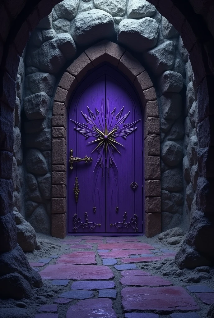Dungeon of the Fallen Sun:
underground environment: Dark, damp corridors Stone walls: Ancient carvings and mystical symbols Purple door with wings: Intricate details and dark lights Atmosphere of mystery: Dim lights and an oppressive aura