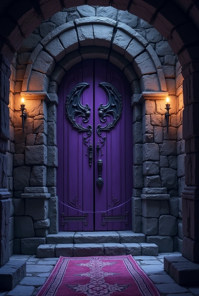 Dungeon of the Fallen Sun:
underground environment: Dark, damp corridors Stone walls: Ancient carvings and mystical symbols Purple door with wings: Intricate details and dark lights Atmosphere of mystery: Dim lights and an oppressive aura