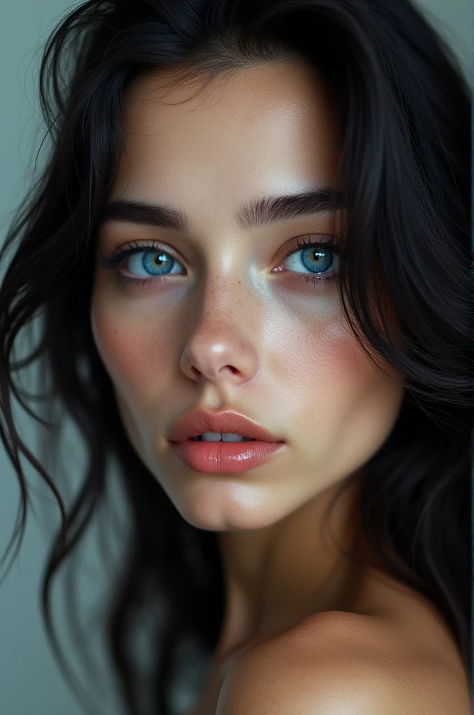 Super realistic face of a woman with blue eyes and dark hair
